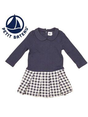 NWT Petit Bateau Peter-Pan Collar Checkered-Bottom Dress / 12M